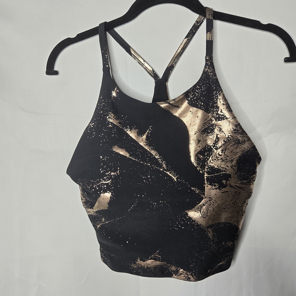 Old Navy Black & Gold Marble Active Crop Top Size M Racerback Removable Padding - Picture 2 of 6